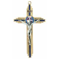 Croix St Benoît - 12 cm - Métal doré émail bleu