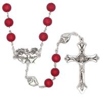 Chapelet grains rouge 8 mm + coeurs sacrés