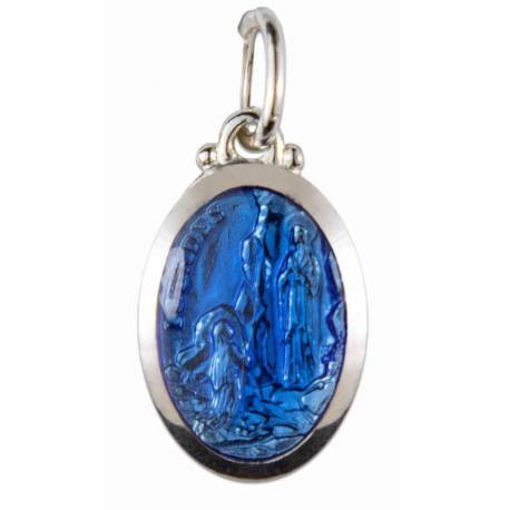 Medaille 15 mm OLV van Lourdes ovaal email blauw 