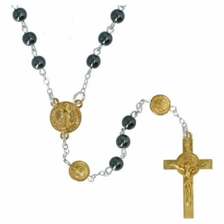 Chapelet de Saint-Benoit avec grains en hématité, croix et médailles dorées