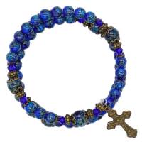 Bracelet-chapelet - grains en verres bleu foncé- médaille Miraculeuse et croix bronzés