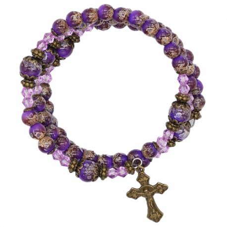 Bracelet-chapelet - grains en verres mauve- médaille Miraculeuse et croix bronzés