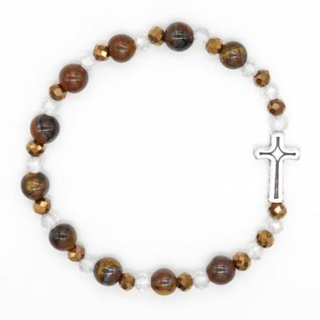 Armband op elastiek met Tiger Ogen korrels + kruisje 