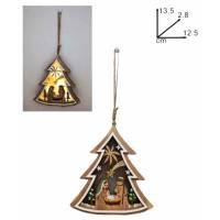 Décoration de Noël en bois à suspendre forme de sapin de 13 cm avec crèche et lumière