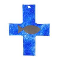 Croix Murale Poisson Blanc / Bleu 11 X 14 Cm