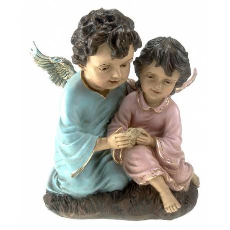 Engelenpaar met konijntje 30 X 27 cm Gekleurd 