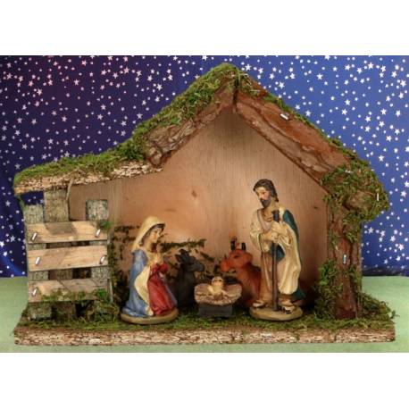 Crèche de Noël : cabane + 5 personnages de 7 cm (18,5 x 7 x 13,5 cm)