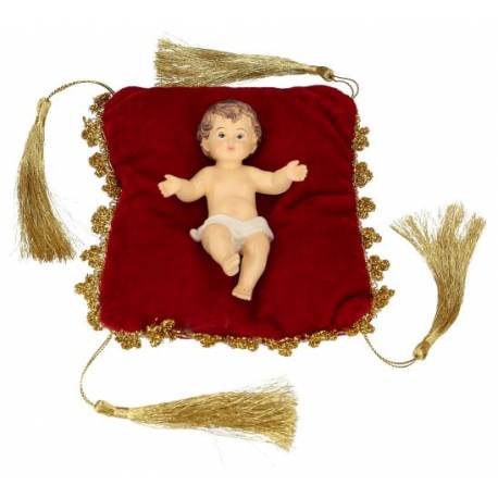 Enfant Jésus 10 x 7 cm + coussin rouge 13 x 13 cm