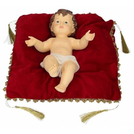 Enfant Jésus 28 x 19 cm + coussin rouge 30x30 cm