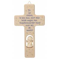 Croix en bois sculpté - 20 cm - Ik ga slapen - naturel