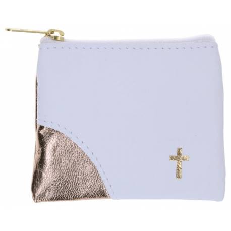 Rozenkranszakje Leder - 10 X 8 cm - Wit-Goud 
