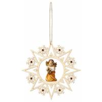 Engel Met lantaarn in gekleurd houtsnijwerk in een ster met Swaroski decoraties 