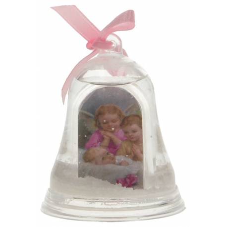 Cloche - Boule de neige - 2 anges et enfant - Rose