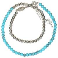 Bracelet double argent et turquoise avec médaille miraculeuse et croix