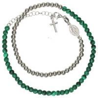 Bracelet double argent et malachite avec médaille miraculeuse et croix