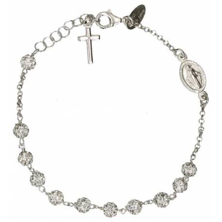 Bracelet en argent rhodié avec strass médaille miraculeuse et croix