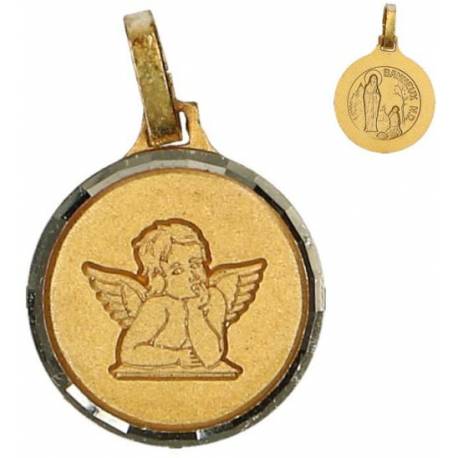 Médaille ronde en métal doré Ange + Notre Dame de Banneux 14 X 14 mm