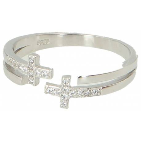 Zilver ring twee kruizen met strass 