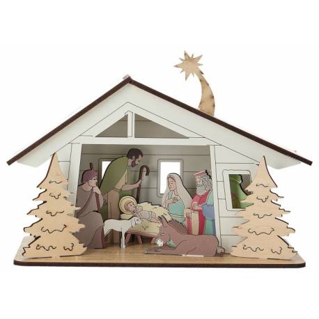 Crèche en bois découpé + lumière 10x20x10 cm bi-colore