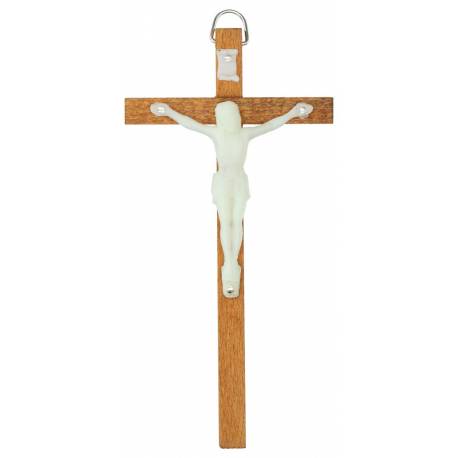 Croix Murale 15 cm Bois brun clair + corps lumineux