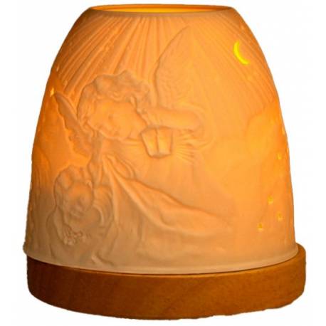 Porselein Theelichthouder met hout voet Engel met lamp 