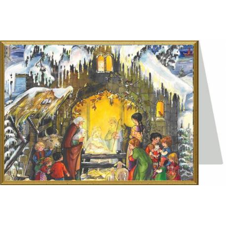 Carte de Noël double traditionnelle avec la crèche + enveloppe