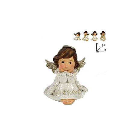 Zittende engel 8 cm - witte en zilver kleur - 4 modellen 