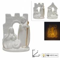 Nativité moderne en porcelaine blanche avec lumière (12 x 7 x 17 cm)