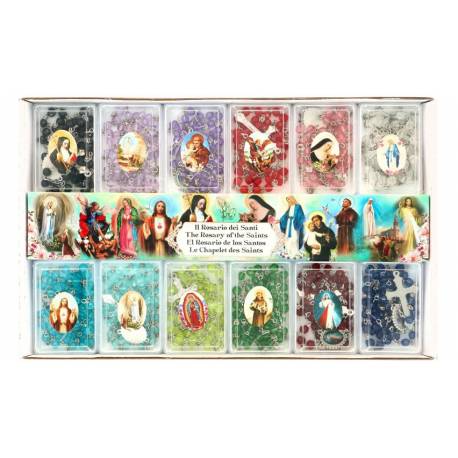 Boîte de 12 chapelets des saints / coul assorties