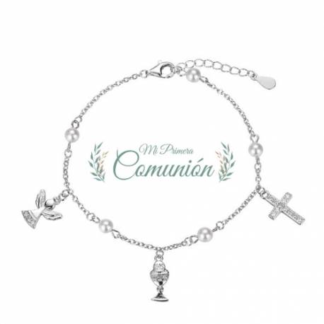 Bracelet en argent rhodié avec perles, ange et croix