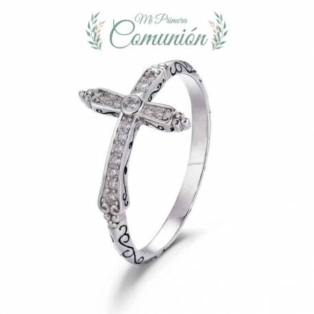 Bague en argent rhodié croix avec zircon
