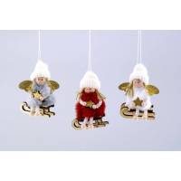 Ange en laine sur traineau en bois 9 cm 3/ass.