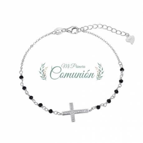 Bracelet dizainier en argent rhodié avec croix et perles noires