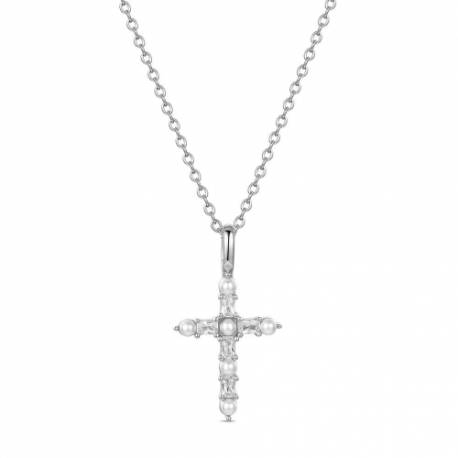 Ketting met gerhodineerd zilveren kruis hanger met parels en zirkonia's 