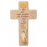 Croix en bois sculpté - 20 cm - 2 tons bois - Mon ange gardien