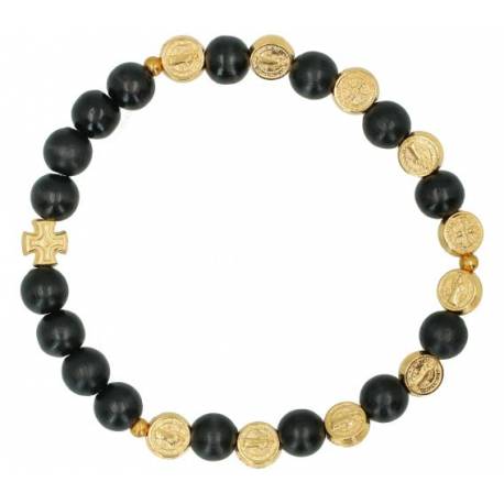 Armband op elastiek Hout zwart Med verguld H Benedictus 