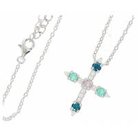 Croix en argent rhodié avec zircons bleus 20 x 17 mm + chaine