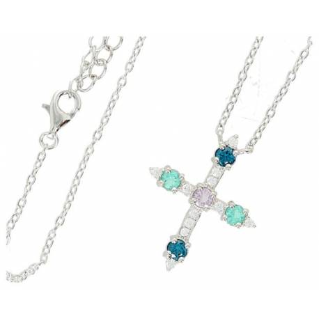 Croix en argent rhodié avec zircons bleus 20 x 17 mm + chaine