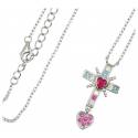 Kruis in zilver met rhodium + veelkleurige zirkonen + hart 18 x 15 mm + ketting 