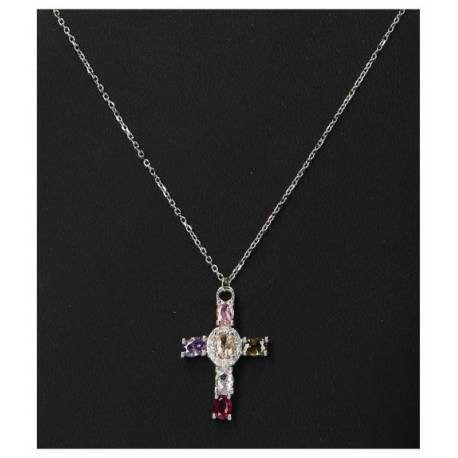 Croix en argent rhodié avec zircons multicolore 20 x 18 mm + chaine
