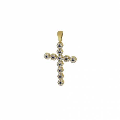Croix or 9 carats avec strass bleus 25 mm 1.65 gr