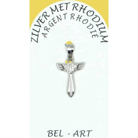 Rhodium zilveren kruis met vleugels 15 X 10 mm 