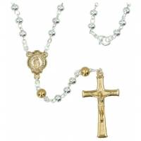 Rozenkrans - metaal verzilverd 5 mm O.V. + kruis verguld + karabijnhaak 