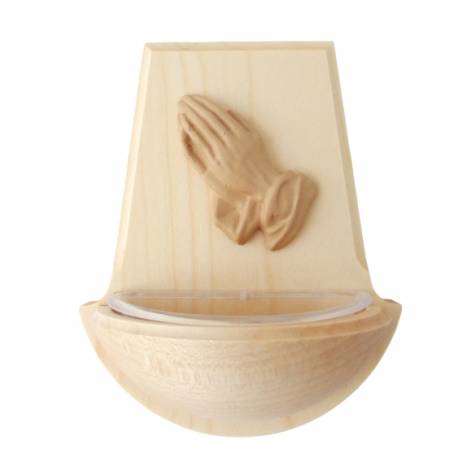 Houten wijwaterbak met gebedshanden 