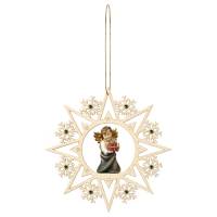 Engel met geschenk in gekleurd houtsnijwerk in een ster met Swaroski decoraties 