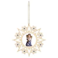 Engel met trombone in gekleurd houtsnijwerk in een ster met Swaroski decoraties 