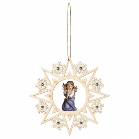 Engel met trombone in gekleurd houtsnijwerk in een ster met Swaroski decoraties 