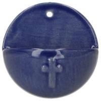 Wijwatervat Keramiek 7 Cm Blauw glanzend Kruisje 