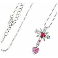 Kruis in zilver met rhodium + veelkleurige zirkonen + hart 18 x 15 mm + ketting 