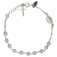 Bracelet en argent rhodié avec strass médaille miraculeuse et croix
